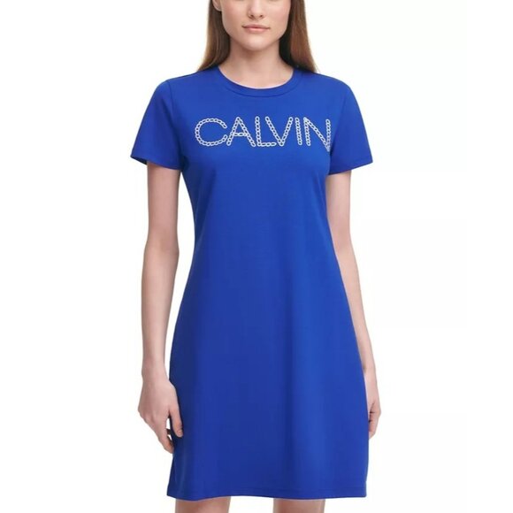 Calvin Klein Women’s Logo T-Shirt Dress Size L Royal Blue NWT Casual Lounge - Picture 1 of 9
